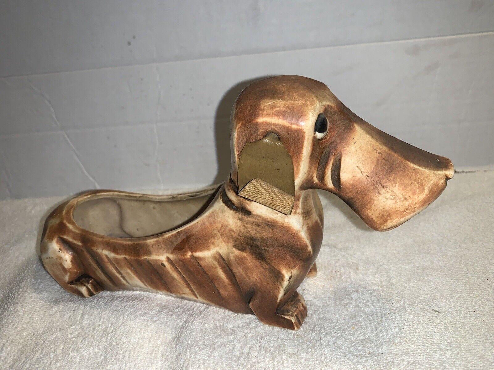 Vintage ceramic small dash hound planter brown with leather ears
