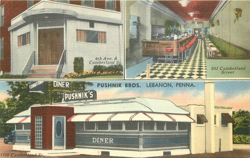 1940s Lebanon Pennsylvania Pushnik\'s Diner Restaurant Roadside Advert Postcard