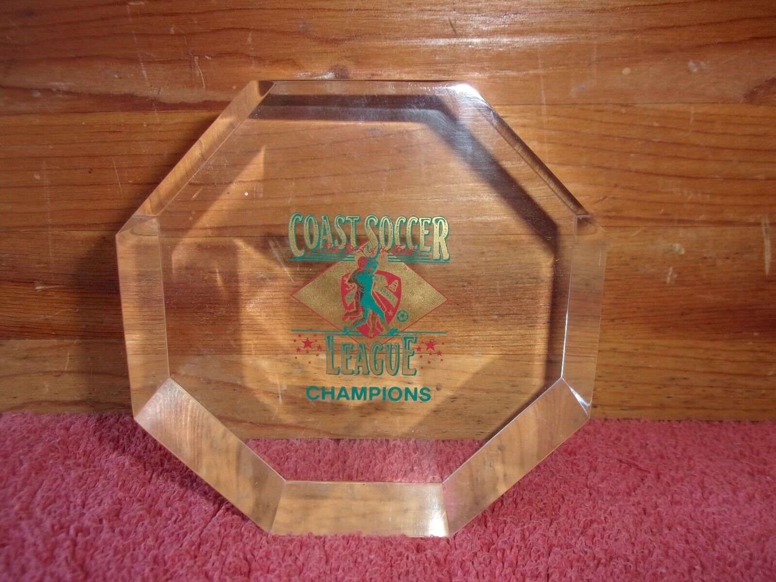 Vintage Coast Soccer League Champions Octagon Lucite Award Desk paperweight 