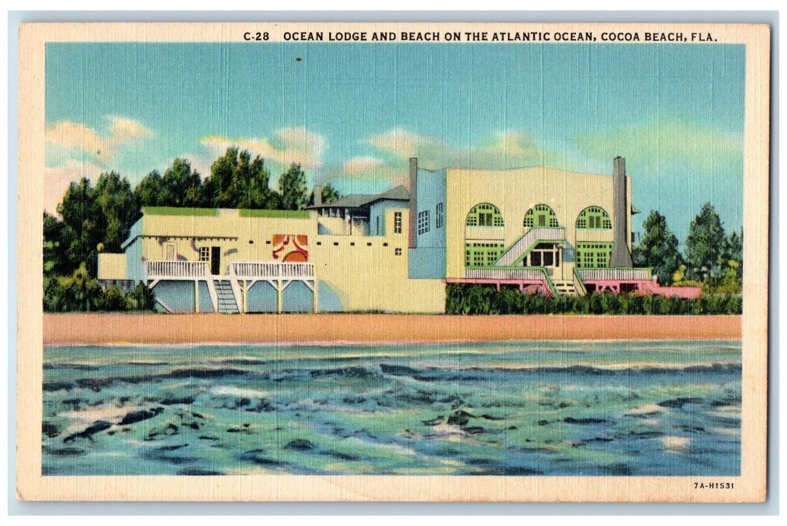 c1940\'s Ocean Lodge & Beach On Atlantic Ocean Building Cocoa Florida FL Postcard