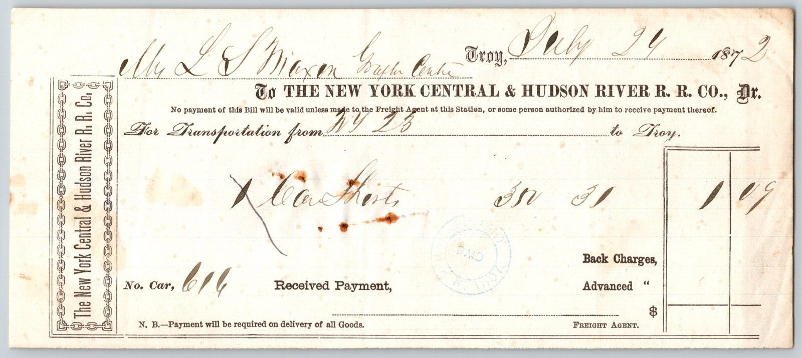 New York Central and Hudson River Railroad 1872 Freight Receipt to Troy - Scarce
