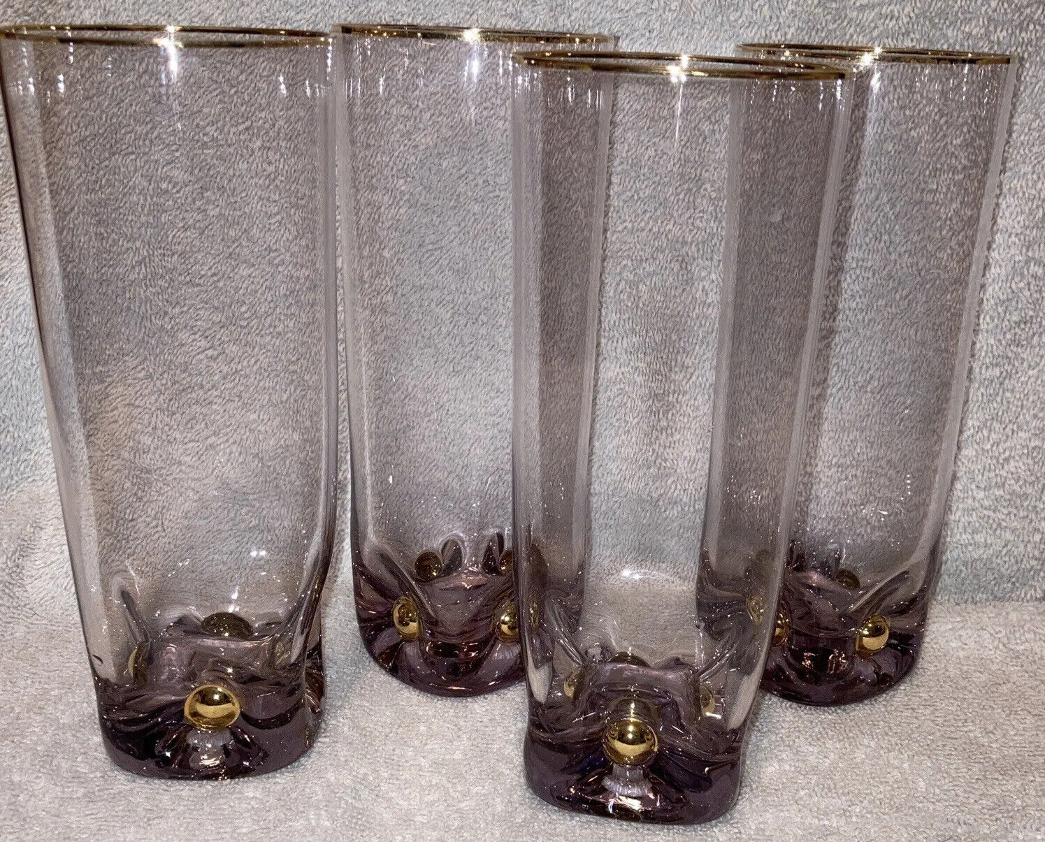 Vintage Iced Tea Beverage Glasses Purple Square Bottom With Gold Ball Accents 4