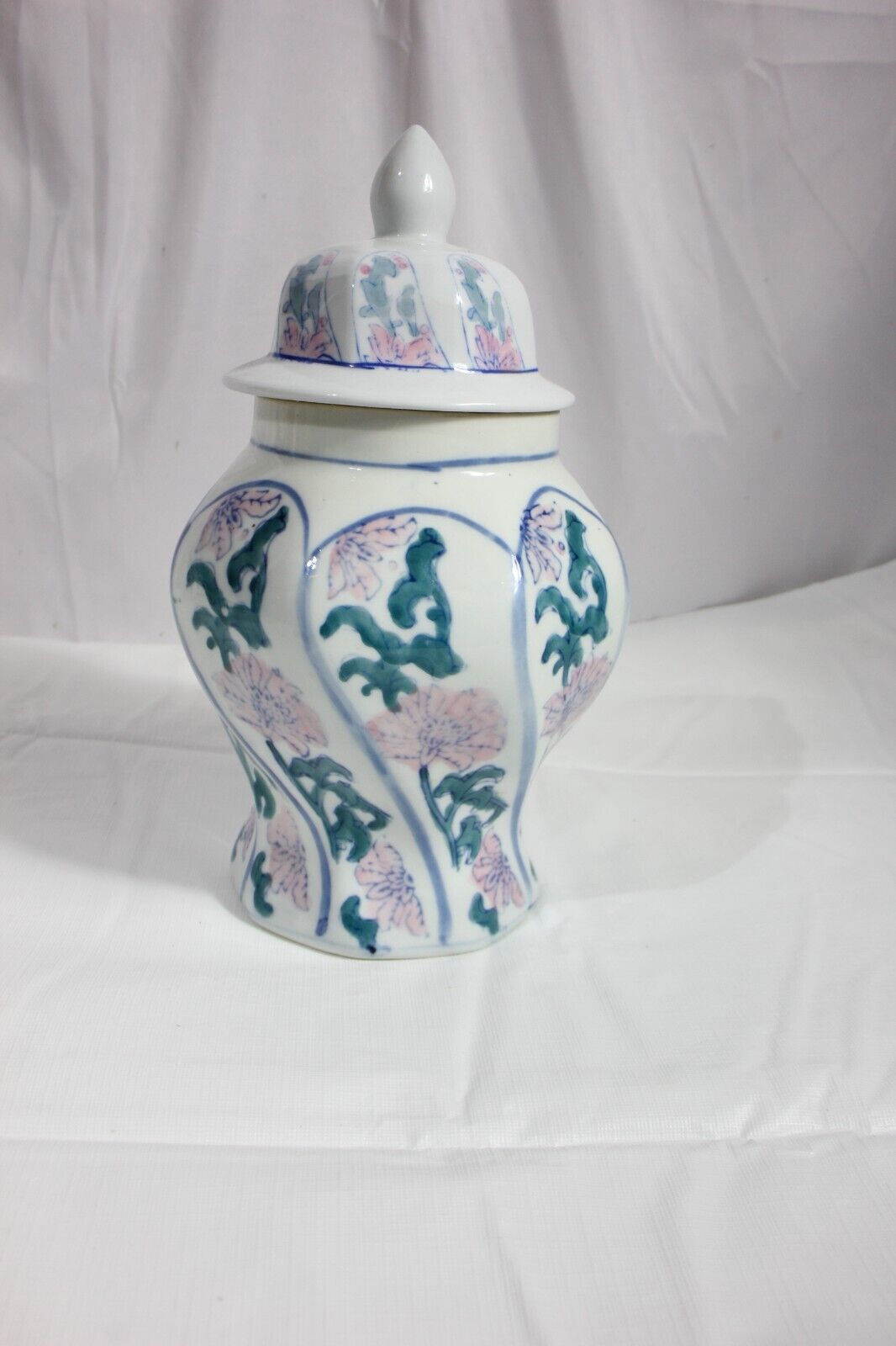 Vintage WBI Chinese Enamel Hand Painted Pink Blues Florals Ginger Jar with Lid