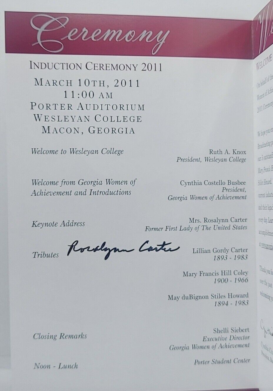 Rosalynn Carter Signed Georgia Women Of Achievement Induction Program