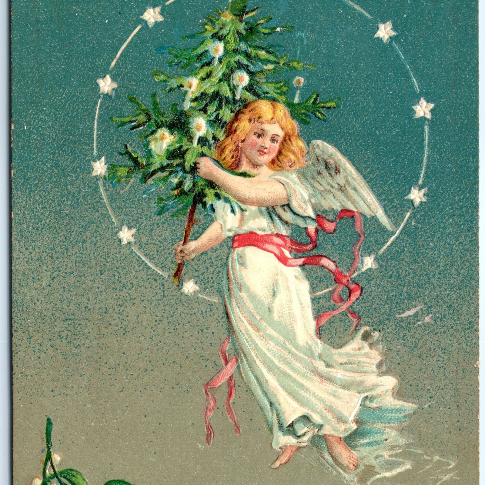 c1910s Merry Christmas Flying Cherub Cupid Girl w/ Xmas Tree Postcard Emboss A66