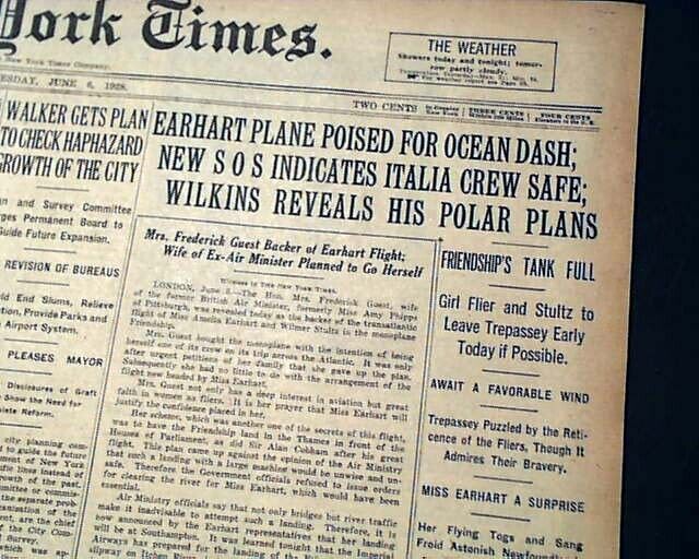 AMELIA EARHART Airplane Flight ATLANTIC OCEAN 1st Woman Aviator 1928 Newspaper