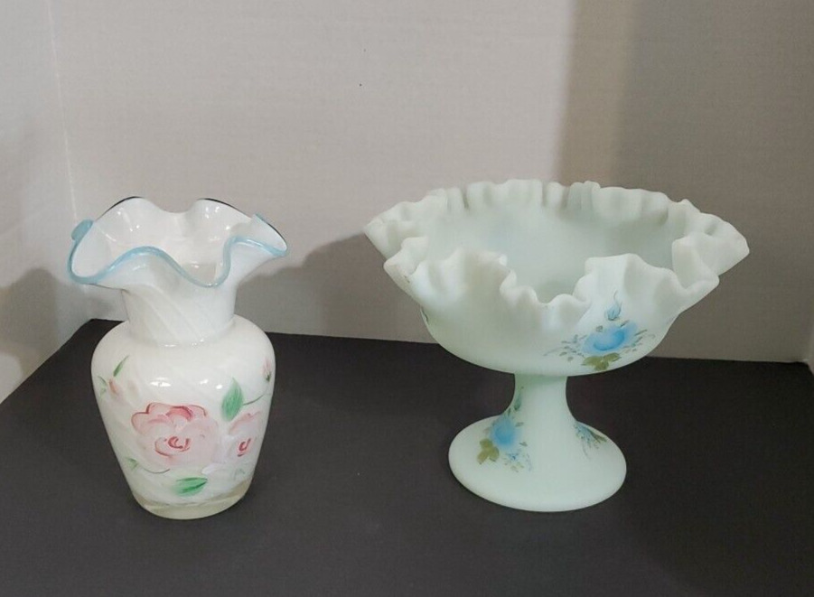 FENTON Glass Blue Pedestal Dish & Swirl Vase HAND PAINTED Vintage/2 Pc WHOLESALE