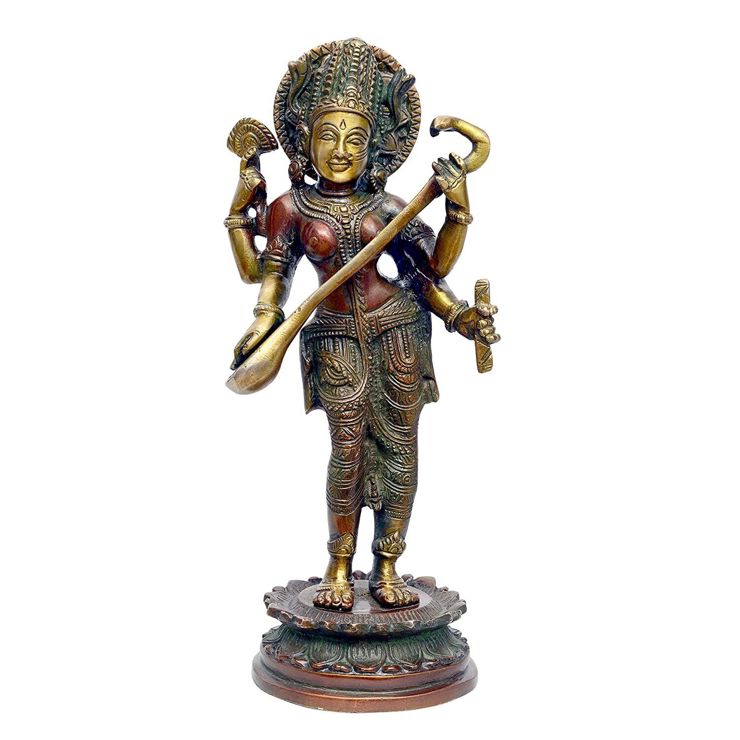 Brass Devi Maa Saraswati Mata Hindu Knowledge Goddess Statue 11.5