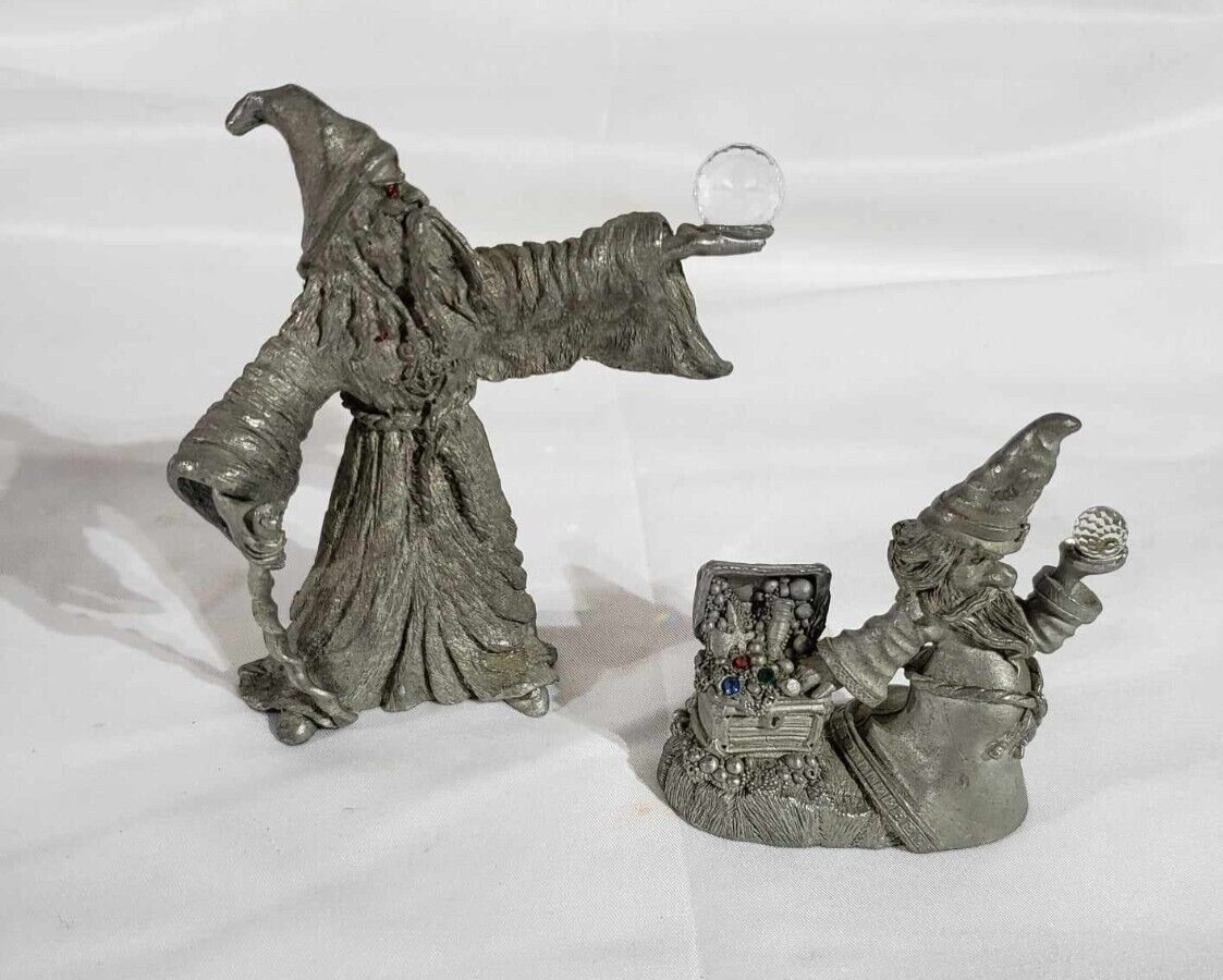 Spoontiques pewter figurines set of 2 Wizards with crystals balls vtg fantasy