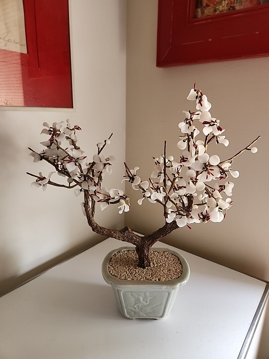 Vintage Glass Bonsai Tree White  Flowers Asian Celadon 14\