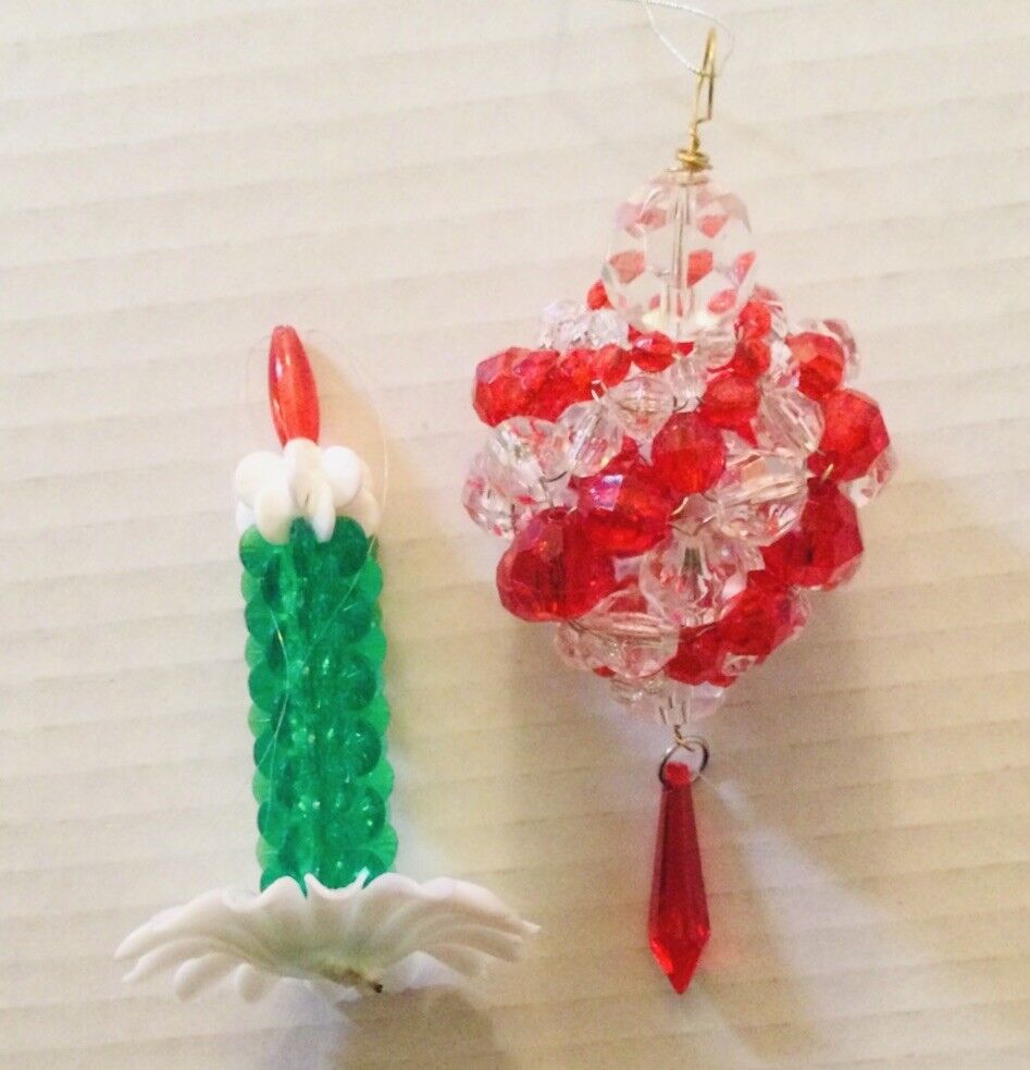 VINTAGE Handmade Beaded Xmas Ornaments Beaded candle & bauble Red Green Lot Of 2