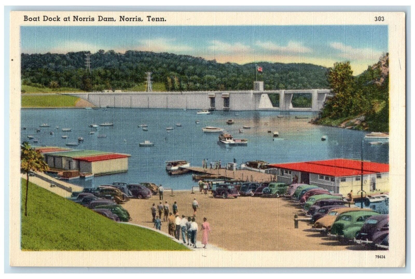 c1940\'s Boat Dock Ferry At Norris Dam Classic Cars Norris Tennessee TN Postcard