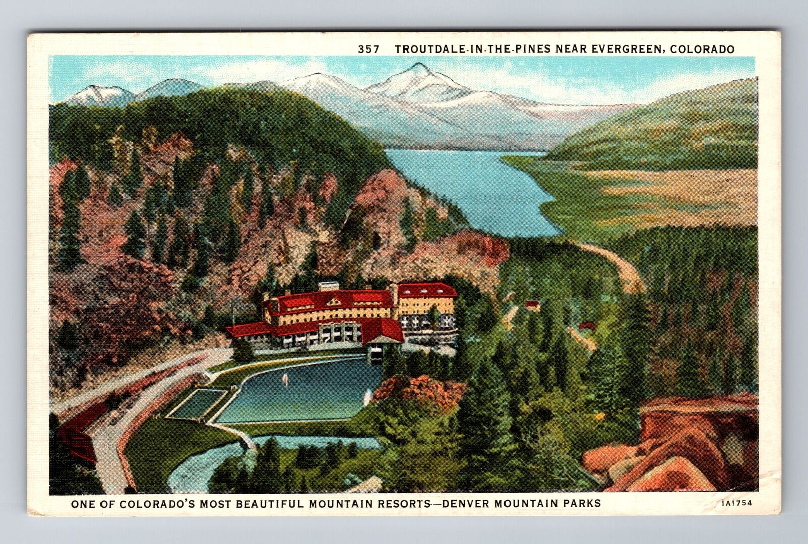 Evergreen CO-Colorado, Aerial Troutdale In The Pines, Antique, Vintage Postcard