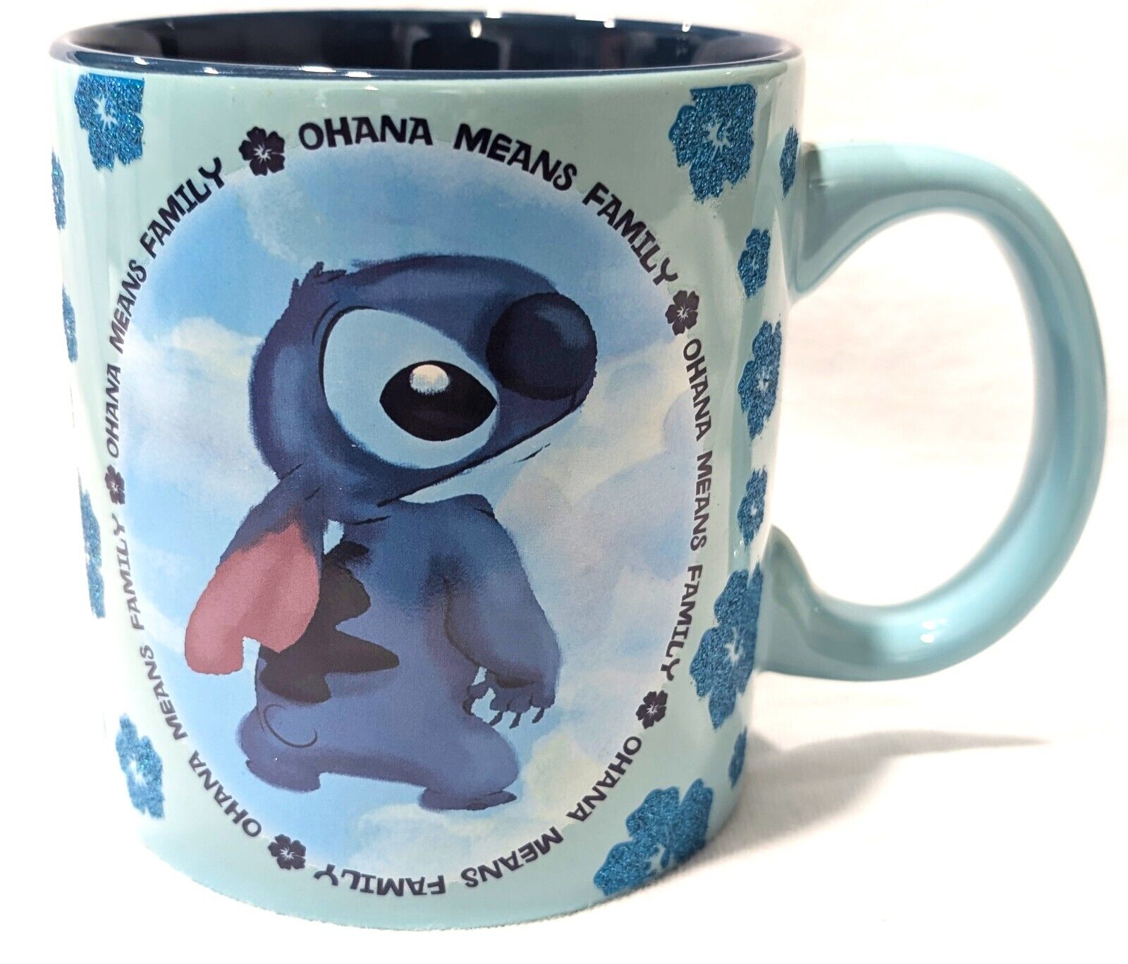 Disney Lilo & Stitch Ohana Means Family Blue Glitter Hibiscus Flower Coffee Mug