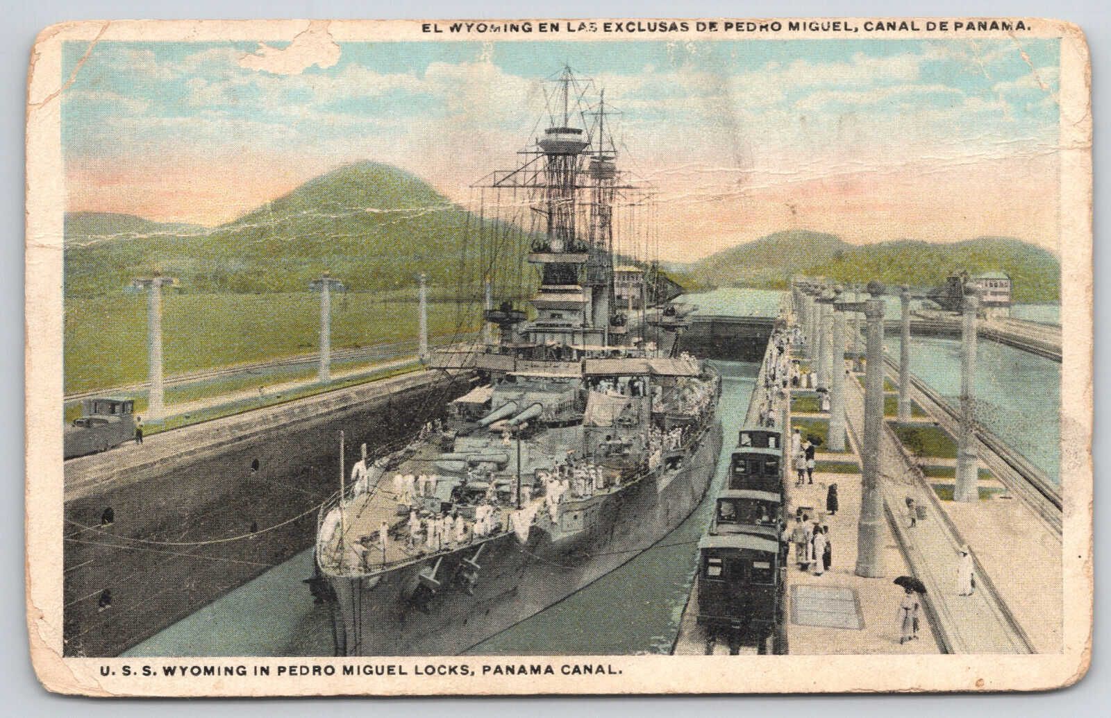 U. S. S. Wyoming Ship Panama Canal Pedro Miguel Locks Postcard