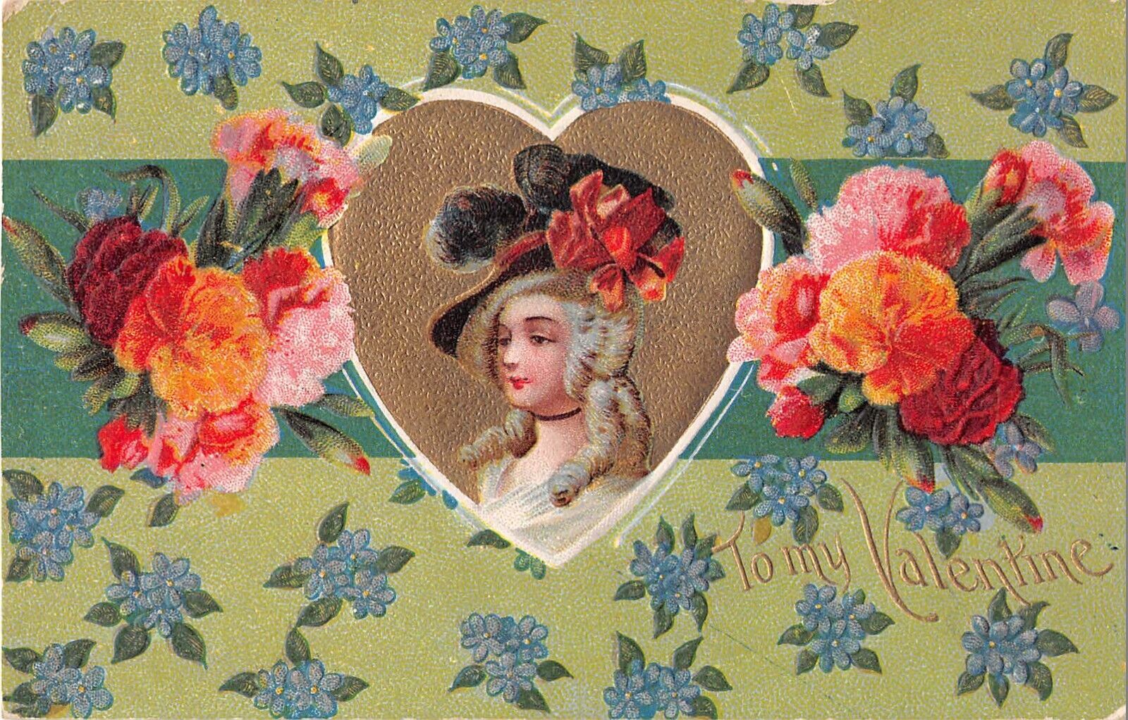 Heart Framing Lovely Colonial Lady-Carnations & Forget-Me-Nots-1911 Valentine PC