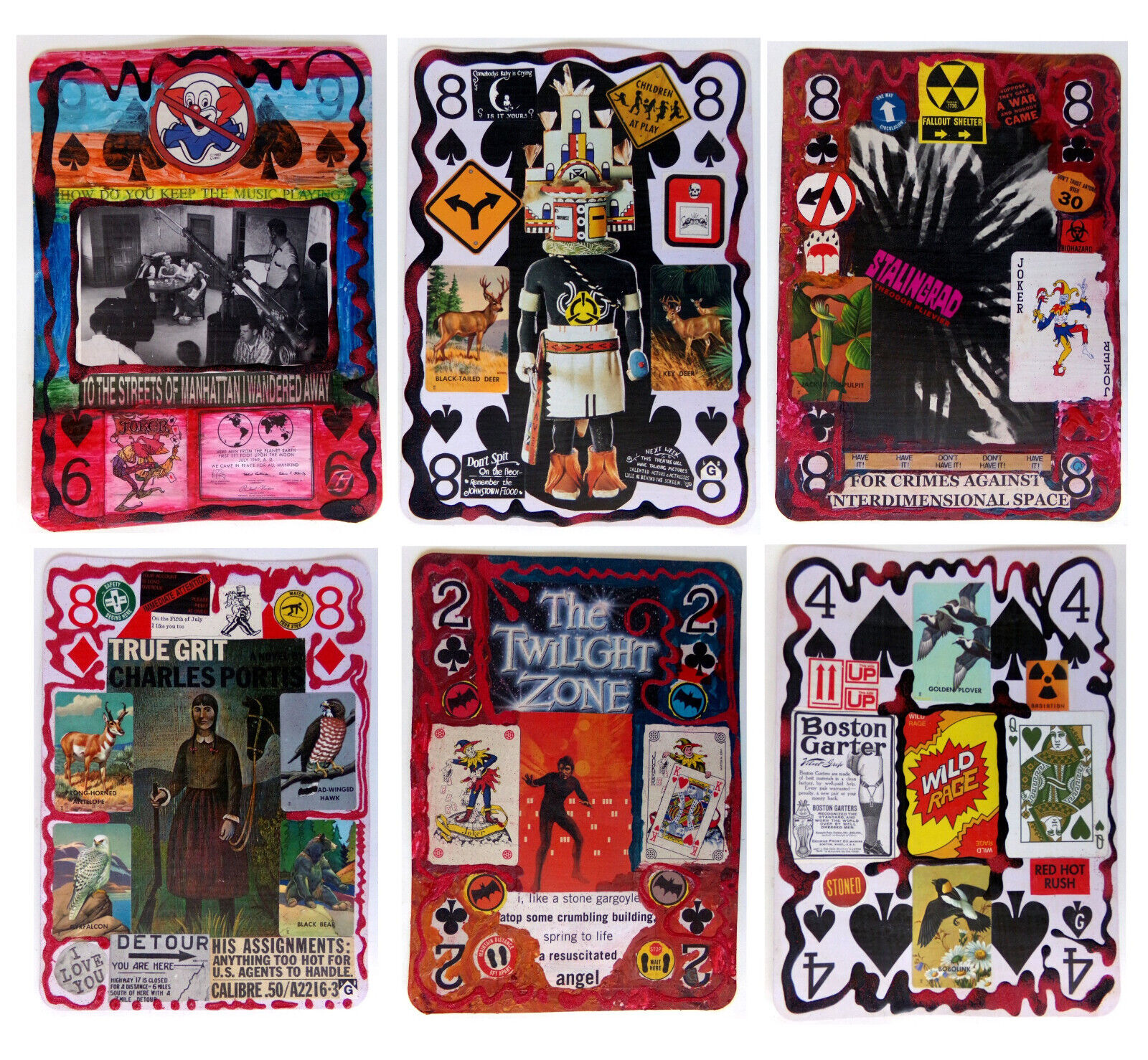 6 PIECE SET: Handmade Original Art On 8x11 Giant Poker Playing Card ODD RARE LOT
