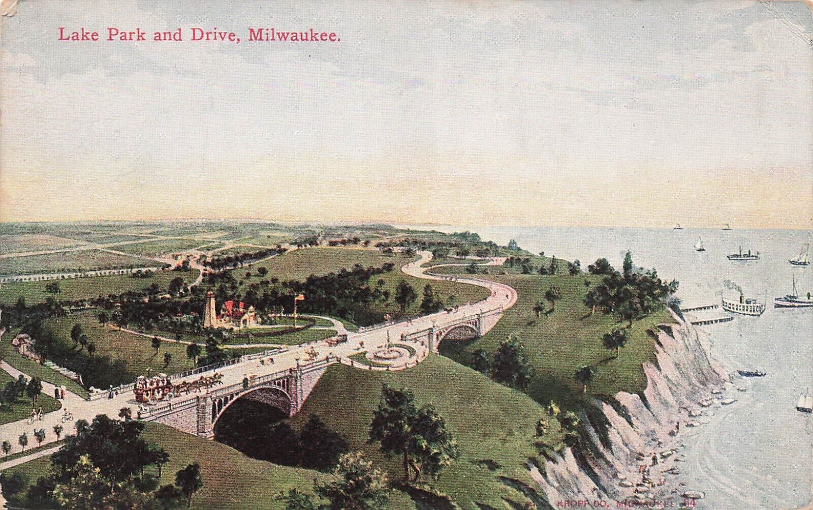 Milwaukee WI Wisconsin Lake Park Drive Frederick Law Olmsted Bridge Postcard E13