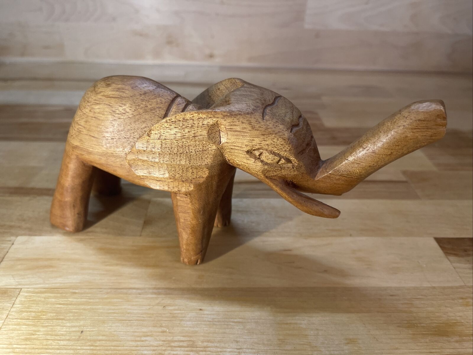 Vintage Hand Carved Figurine Wooden Elephant Primitive with Tusks 8”x4”x2.5”