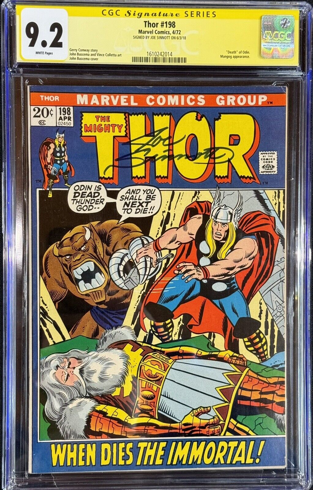 Thor #198 CGC 9.2 Signed Joe Sinnott White Pages Death Of Odin