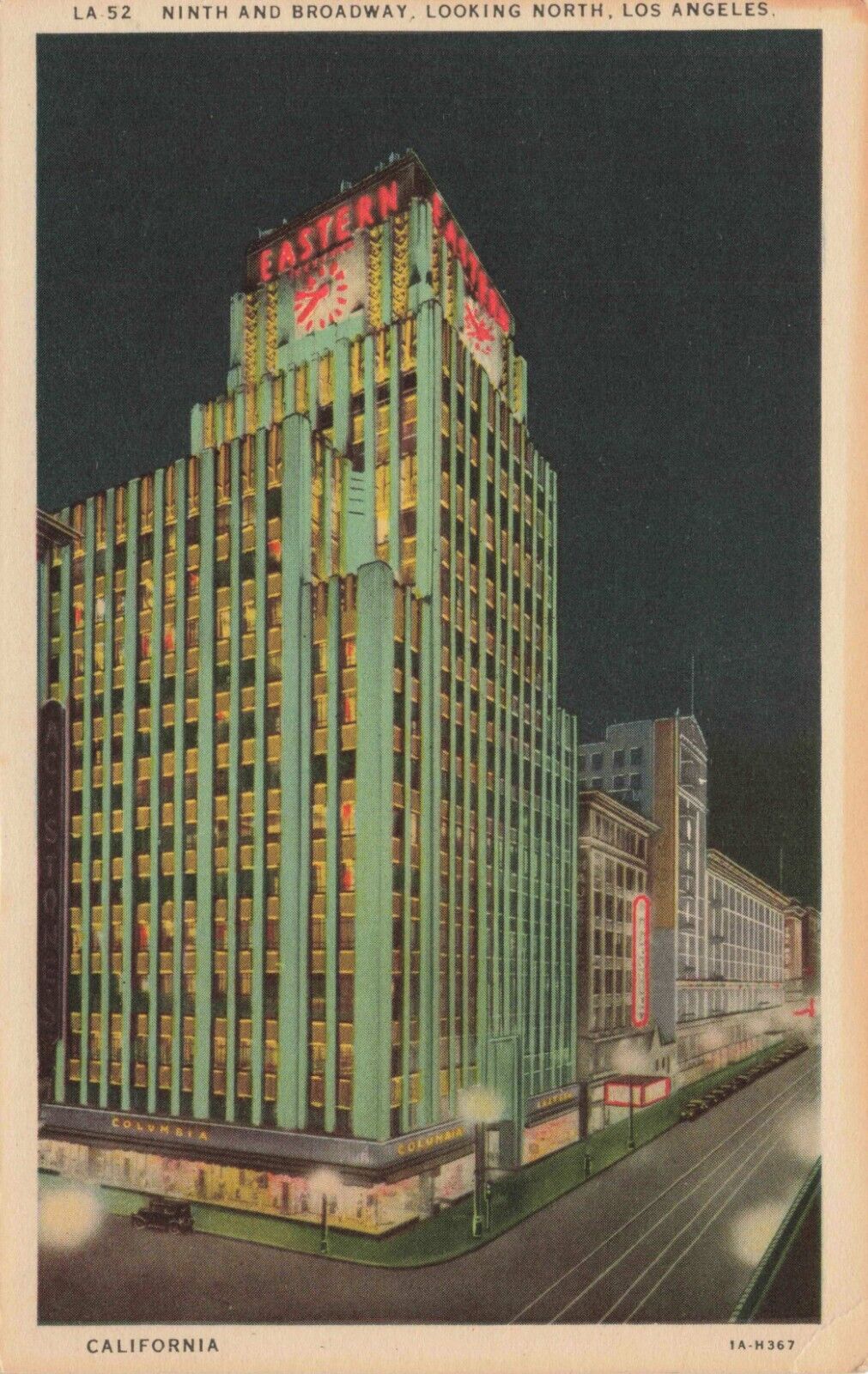 Postcard Ninth and Broadway Eastern Building Art Deco Los Angeles California