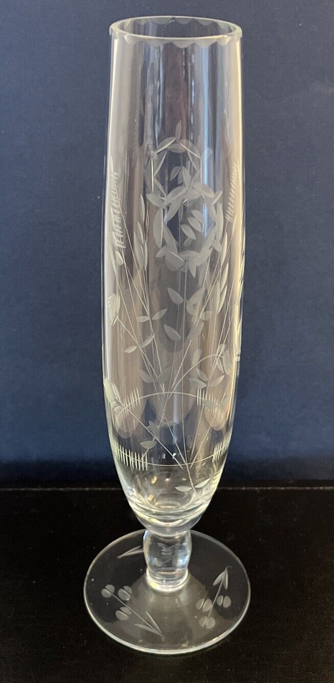 Vintage Etched Crystal Glass Footed Floral Flower Bud Vase 9 1/8 inch