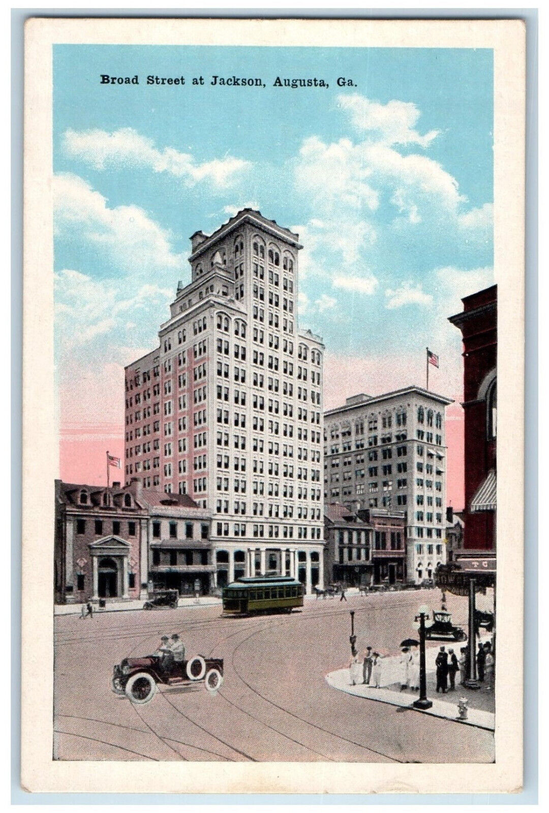 c1930\'s Broad Street at Jackson Augusta Georgia GA Trolley Car Building Postcard