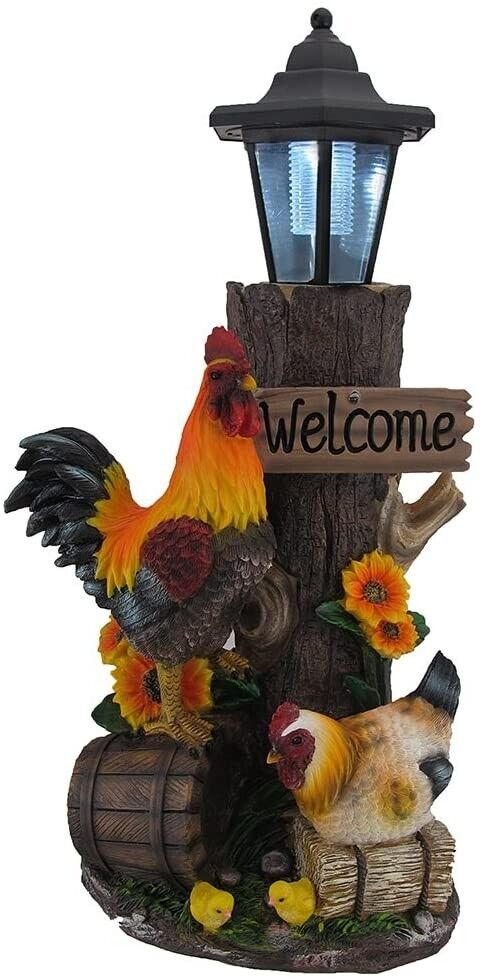 Rooster Family Solar LED Lantern Statue and Welcome Sign ~ New in Box