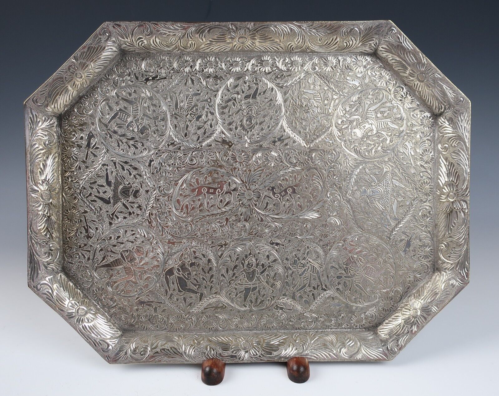 Quality Antique Engraved Silver Plated Tray Islamic Figures Animal Persian India
