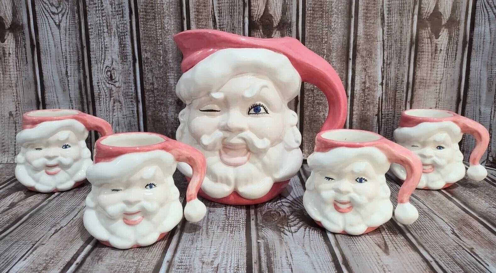 Vintage Jamar Mallory Christmas Ceramic Winking Santa Pitcher 4 Mugs Set