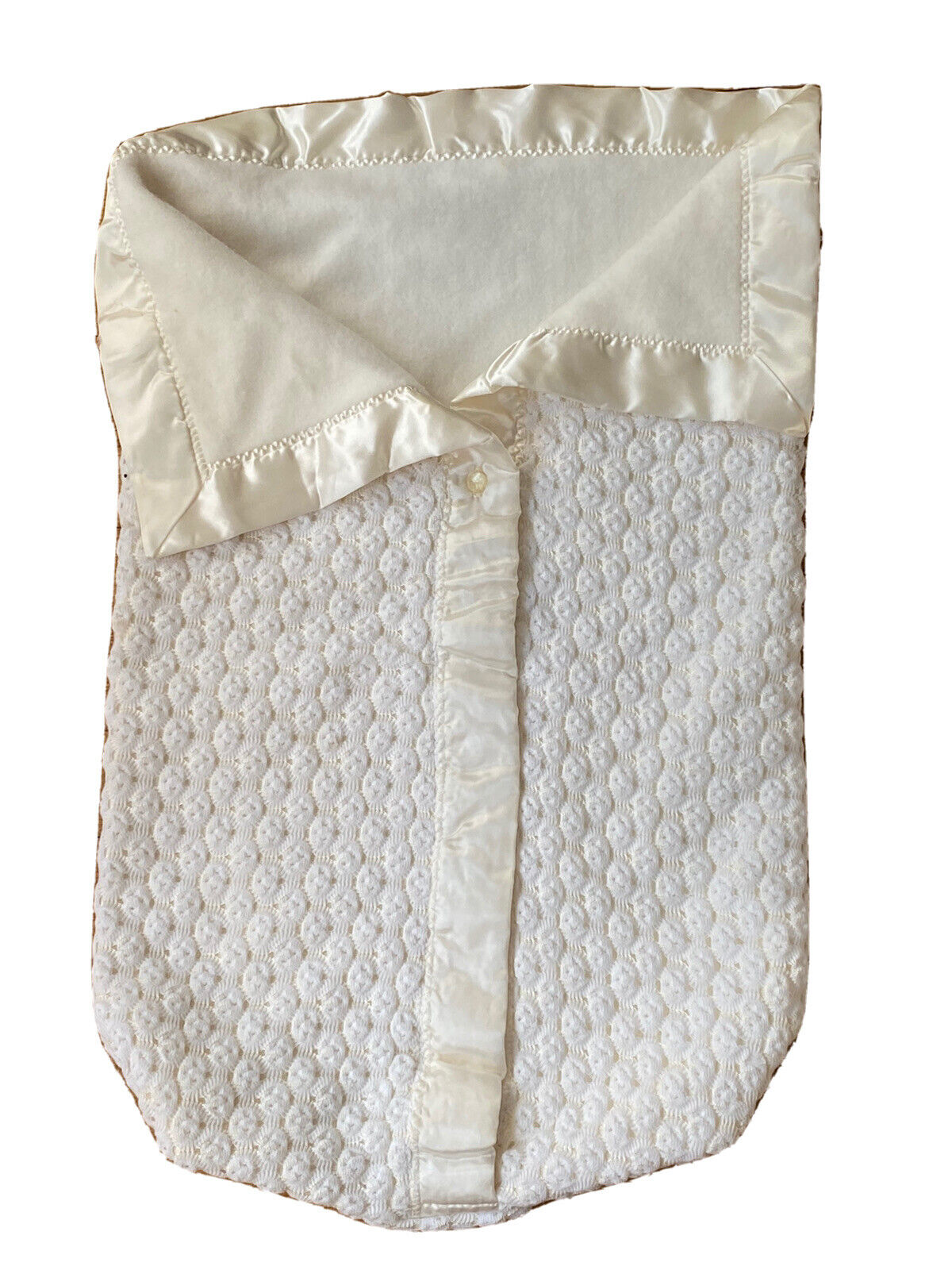 Vintage Baby Bunting Wrap Fleece Satin Trim Ivory Zip Front Knit Baptism Unisex