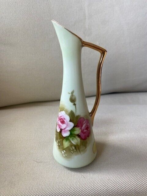 VINTAGE LEFTON CHINA GREEN ROSES SMALL PITCHER BUD VASE GOLD TRIM HAND PAINTED