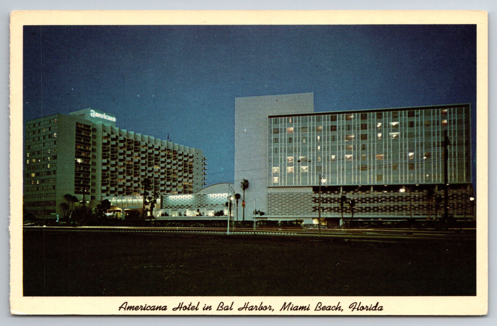 Vintage Postcard FL Miami Beach Americana Hotel Bal Harbor Night Chrome ~10757