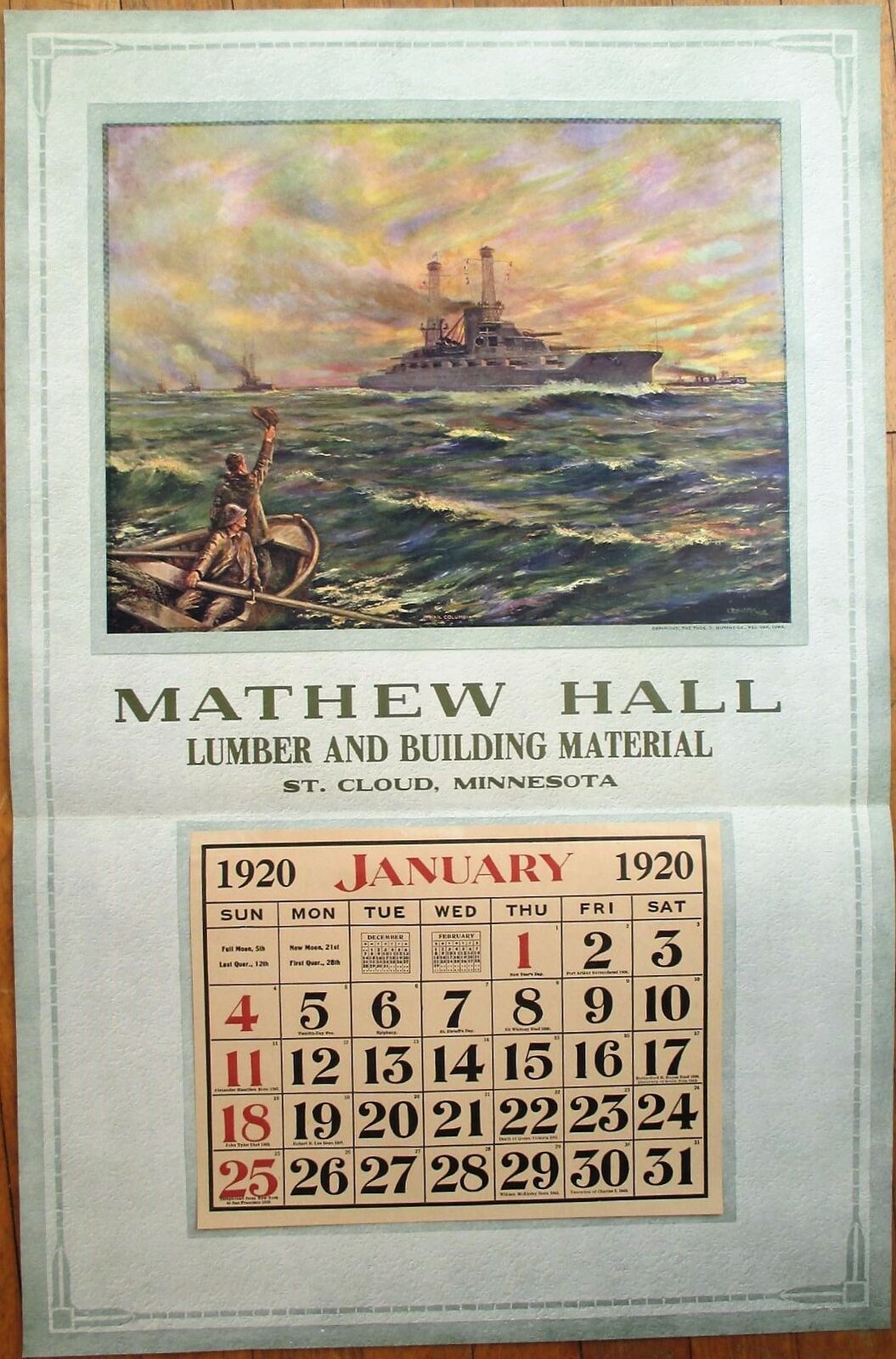 St. Cloud, MN 1920 Advertising Calendar/18x28 Poster: WWI/Military Ship/Lumber