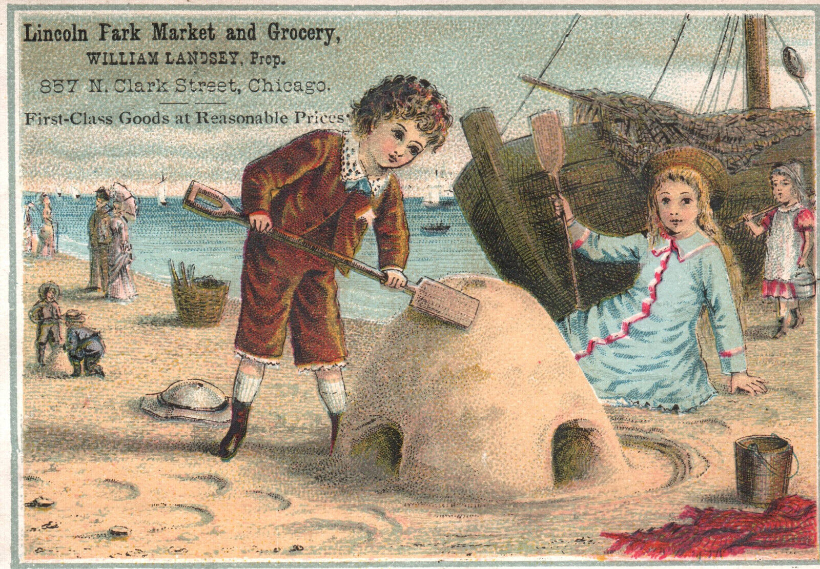 1880\'s  Lincoln Park Market & Grocery- Beach scene-Ships-  Victorian Trade Card