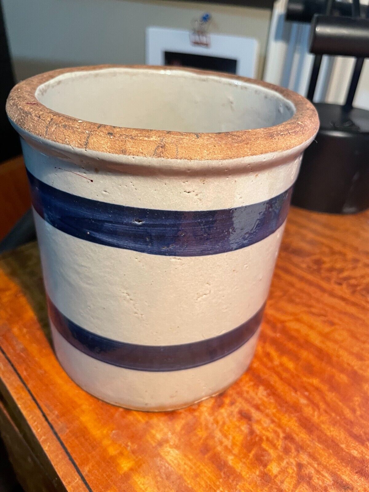 Antique Stoneware Clay Crock Cobalt Blue 2 Double Striped Rim Salt Glazed 5.25”