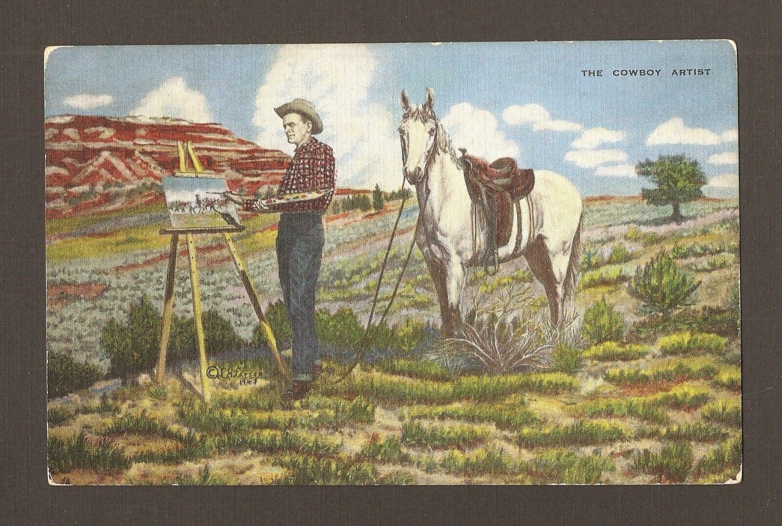 Vintage 1943 L.H. Dude Larsen Kanab Utah Postcard The Cowboy Artist Horse Desert