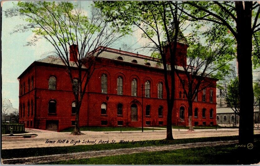 Postcard Town Hall High School West Springfield Massachusetts c.1907-1915   M412