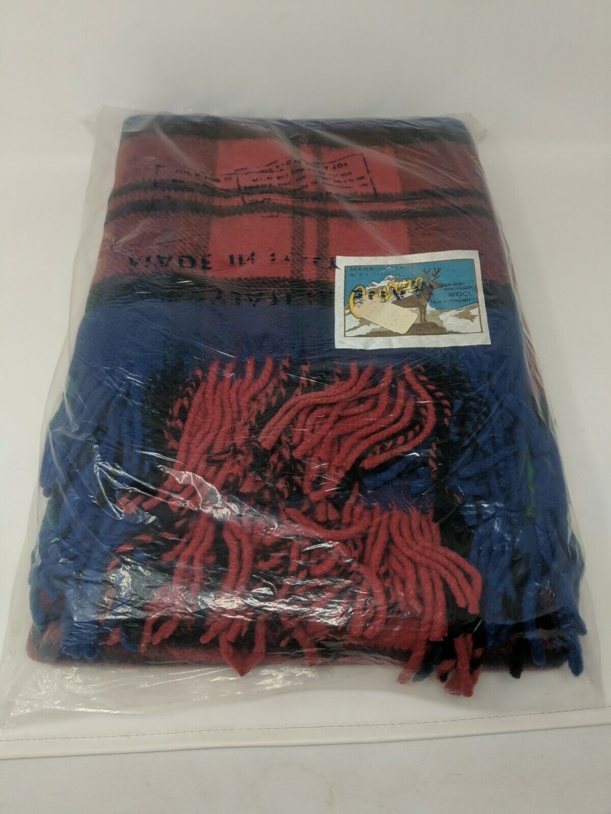 Cervino Blue Red Wool Buffalo Plaid Rayon Fringe Throw Blanket Italian NEW VTG
