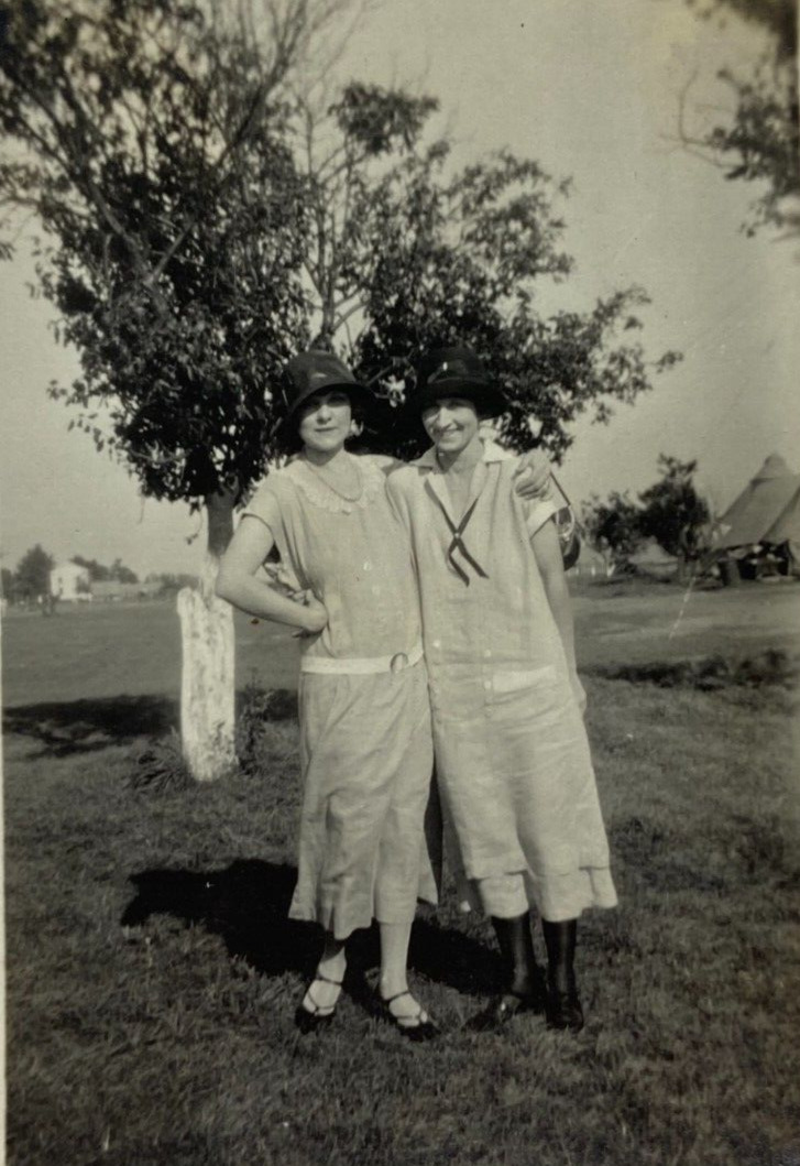 Two Women Wearing Hats Standing In Yard Hugging B&W Photograph 2.5 x 3.5