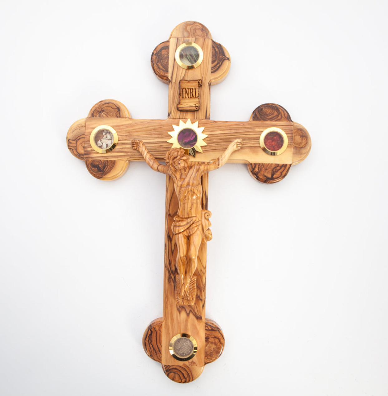 Carved Crucifix & Corpus with 5 Holy Land Essences, Holy Land Olive Wood, 15\