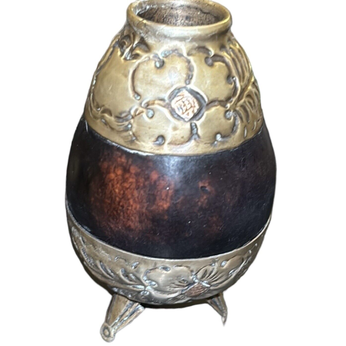 Vintage Yerba Mate Gourd Cup Vase-Marked Alpaka Argentina W/18K Gold Detail.