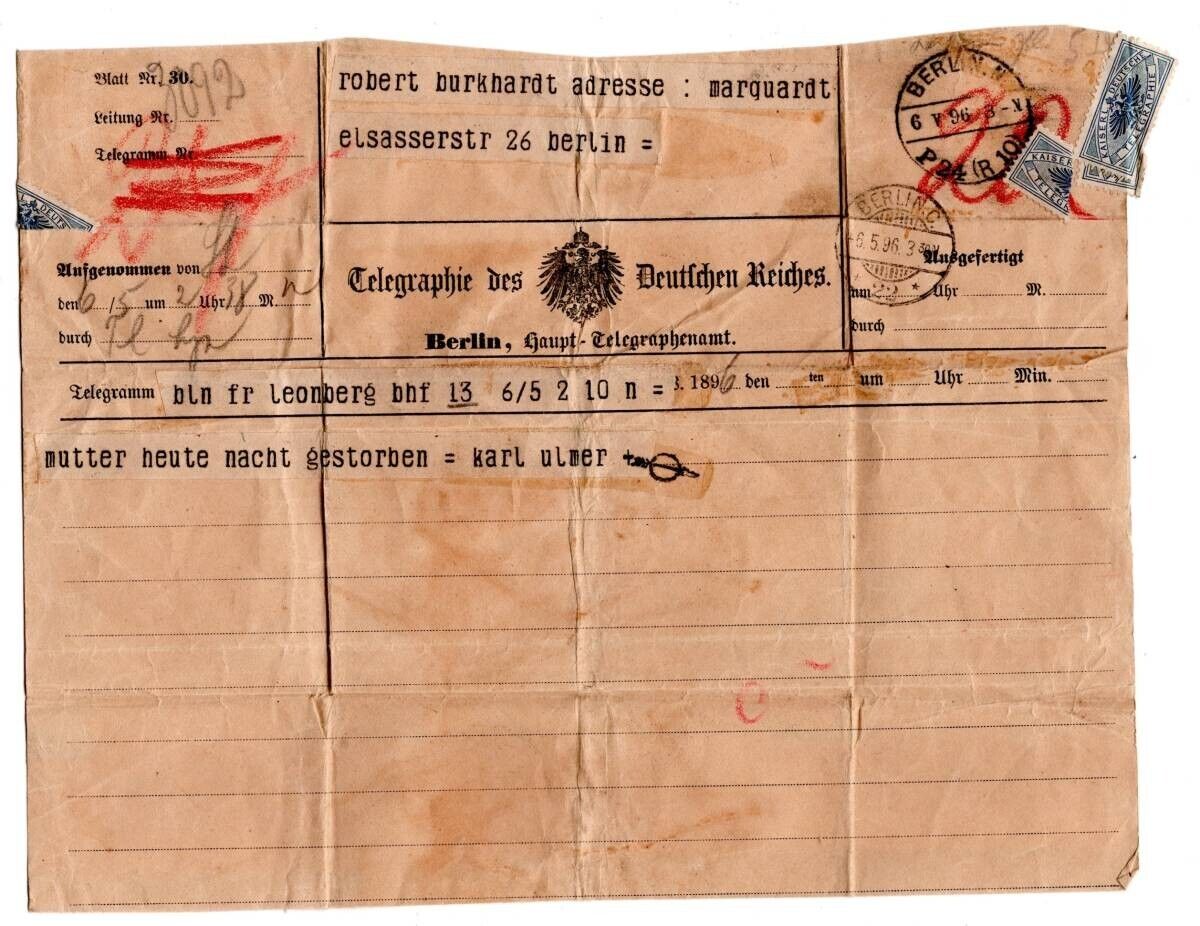 Vintage 1896 German Telegram ~ Berlin to Berlin