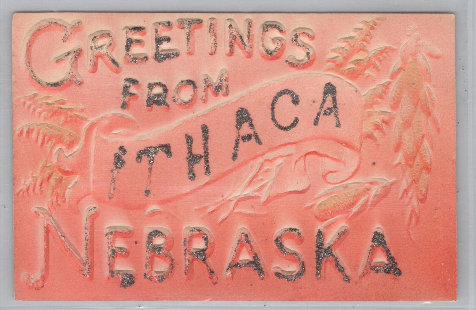 Postcard Greetings From Ithaca Nebraska Raised Embossed Glitter Mica F. M. Downs