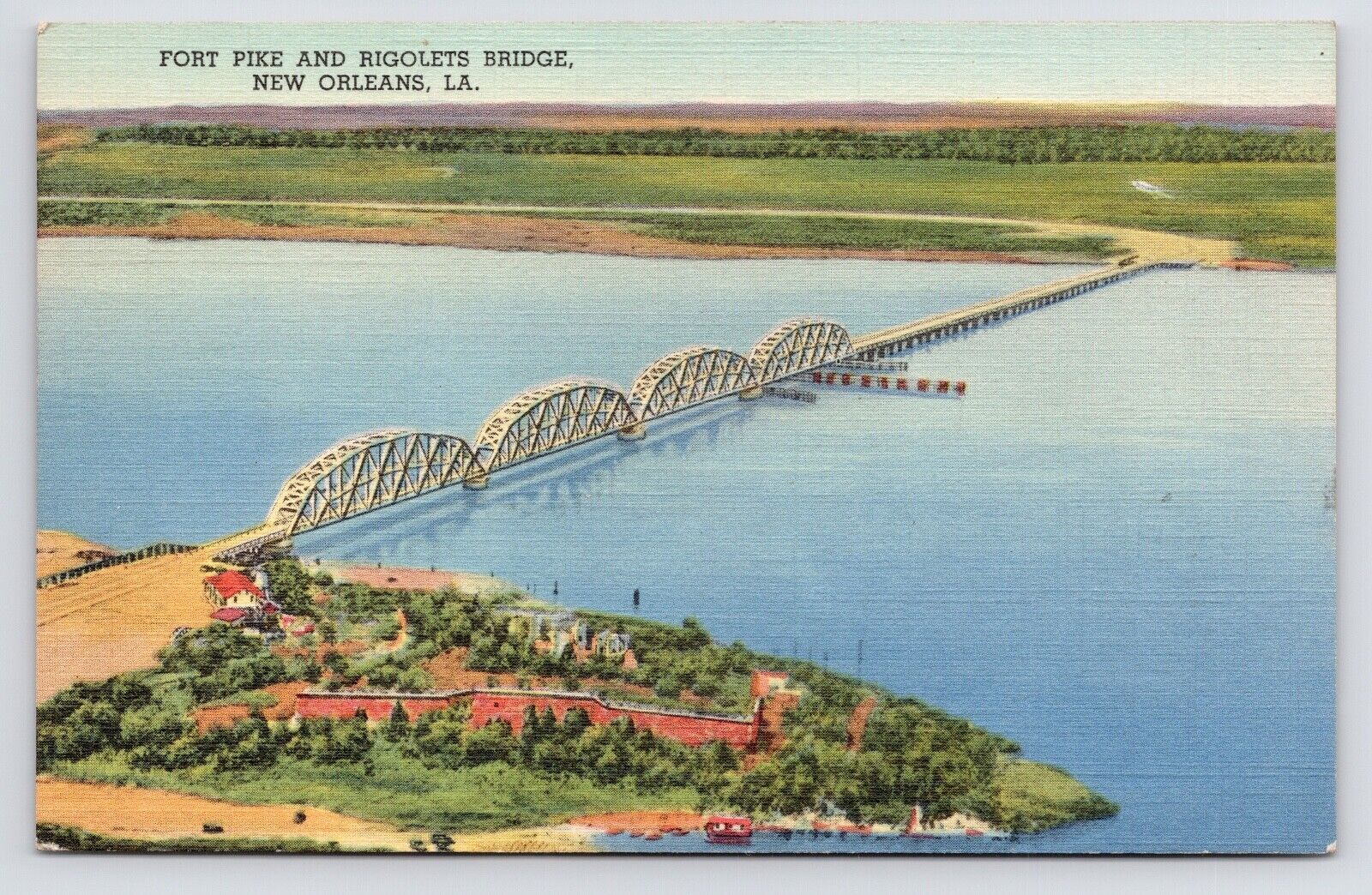 c1930s~New Orleans LA~Fort Pike~Rigolets Bridge~Aerial View~US 90~VTG Postcard