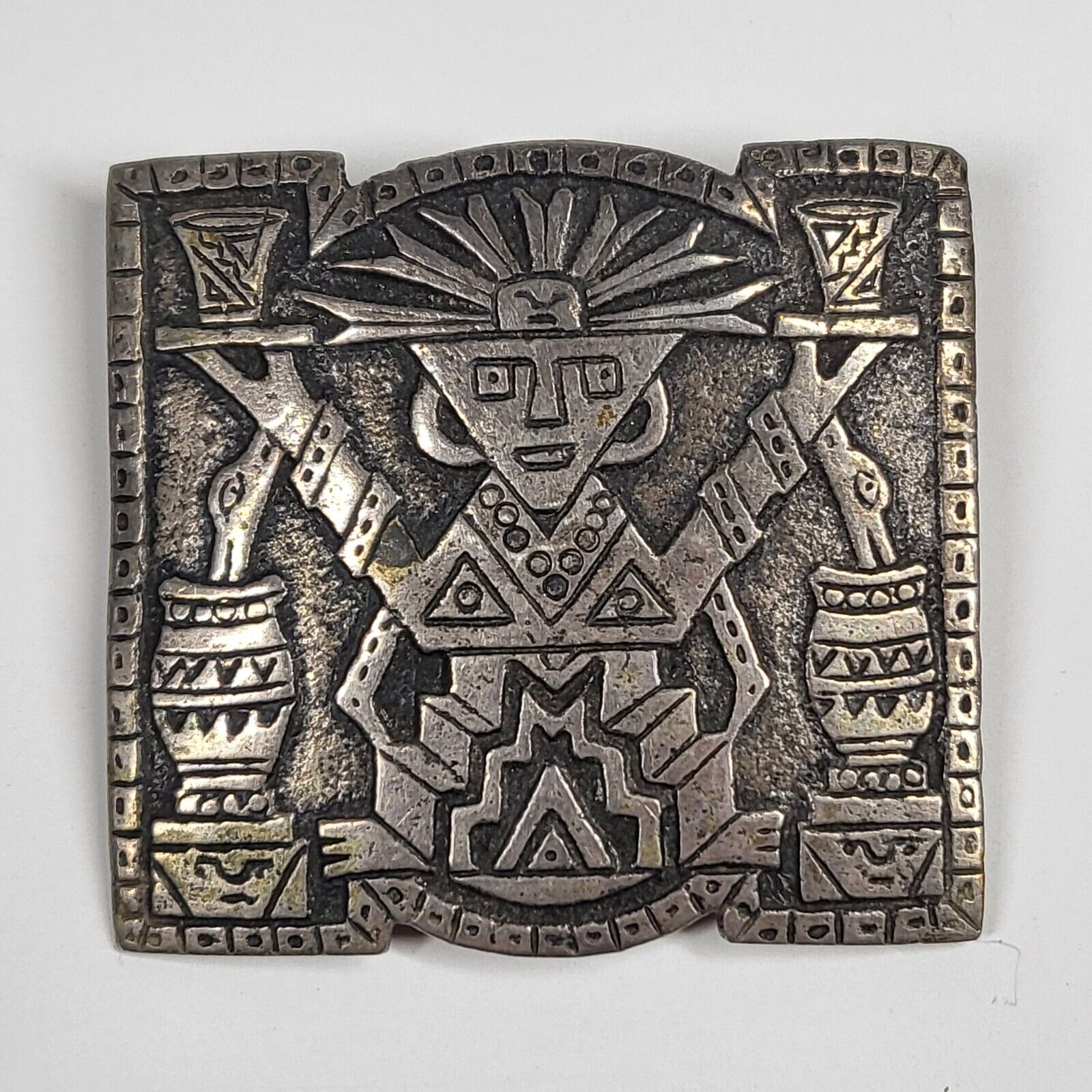 Peru 900 Silver Pin Badge Brooch Vintage Inca Aztec Peruvian