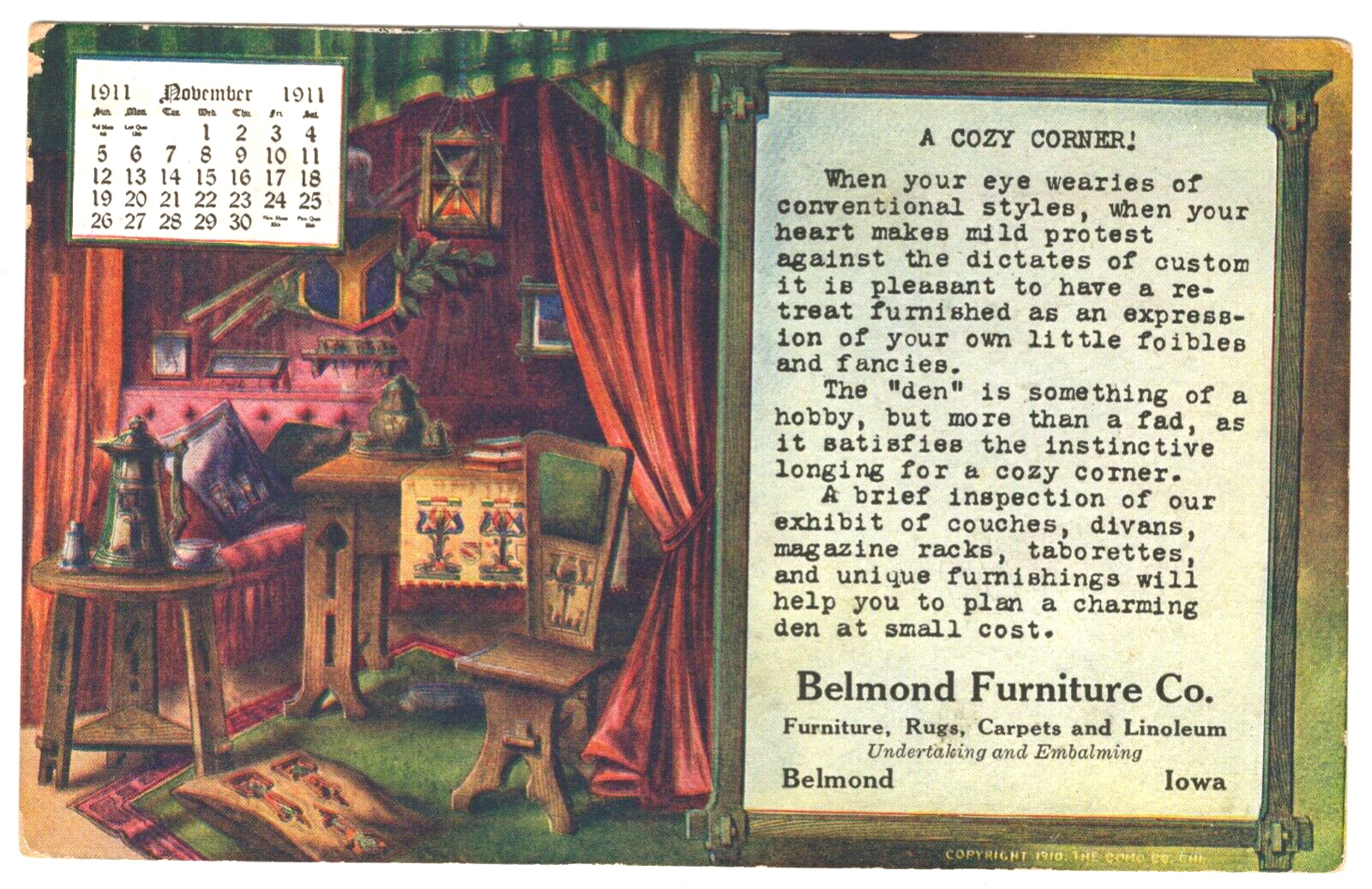 Belmond Furniture Co Ad Postcard Iowa November 1911 Undertaking Embalming