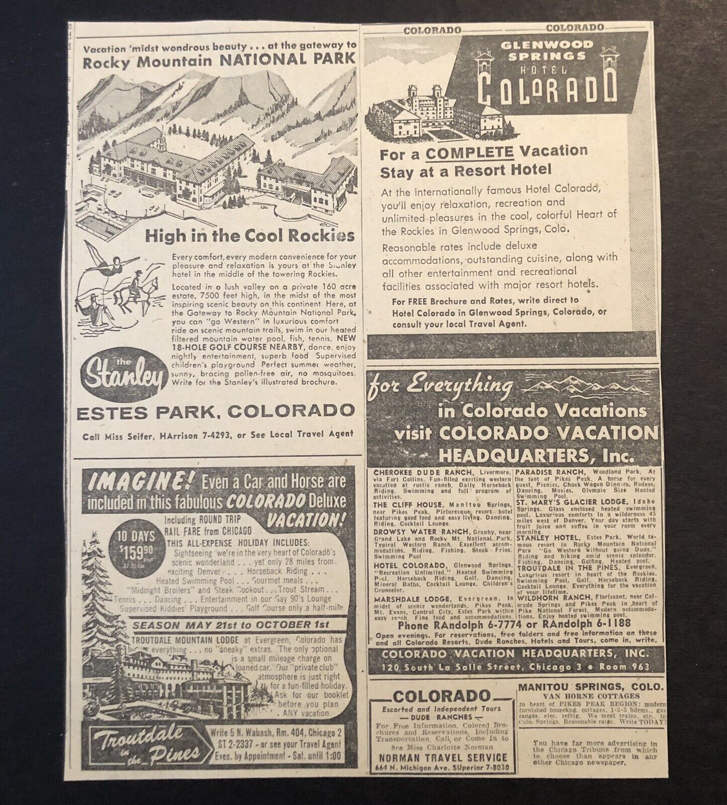 1950’s Travel Colorado Stanley Hotel Estes Park Troutdale Lodge Newspaper Ad