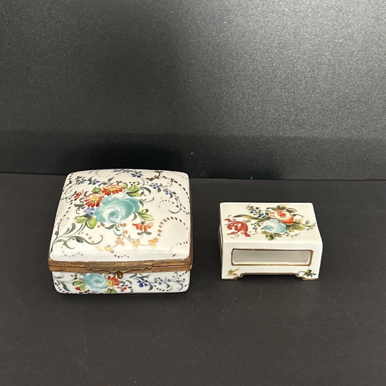 Antique Hand Painted in France Floral Porcelain Trinket Box And Matchbox Holder