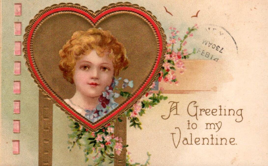 VTG 1908 VALENTINE\'S DAY PC  BEAUTIFUL CURLY HAIRED GIRL SET OFF IN GOLD HEART